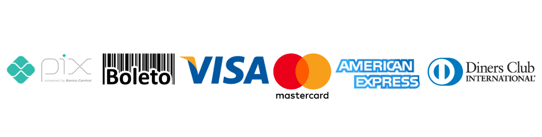 Formas de pagamento: Pix, boleto, Visa, Mastercard, American Express e Diners Club